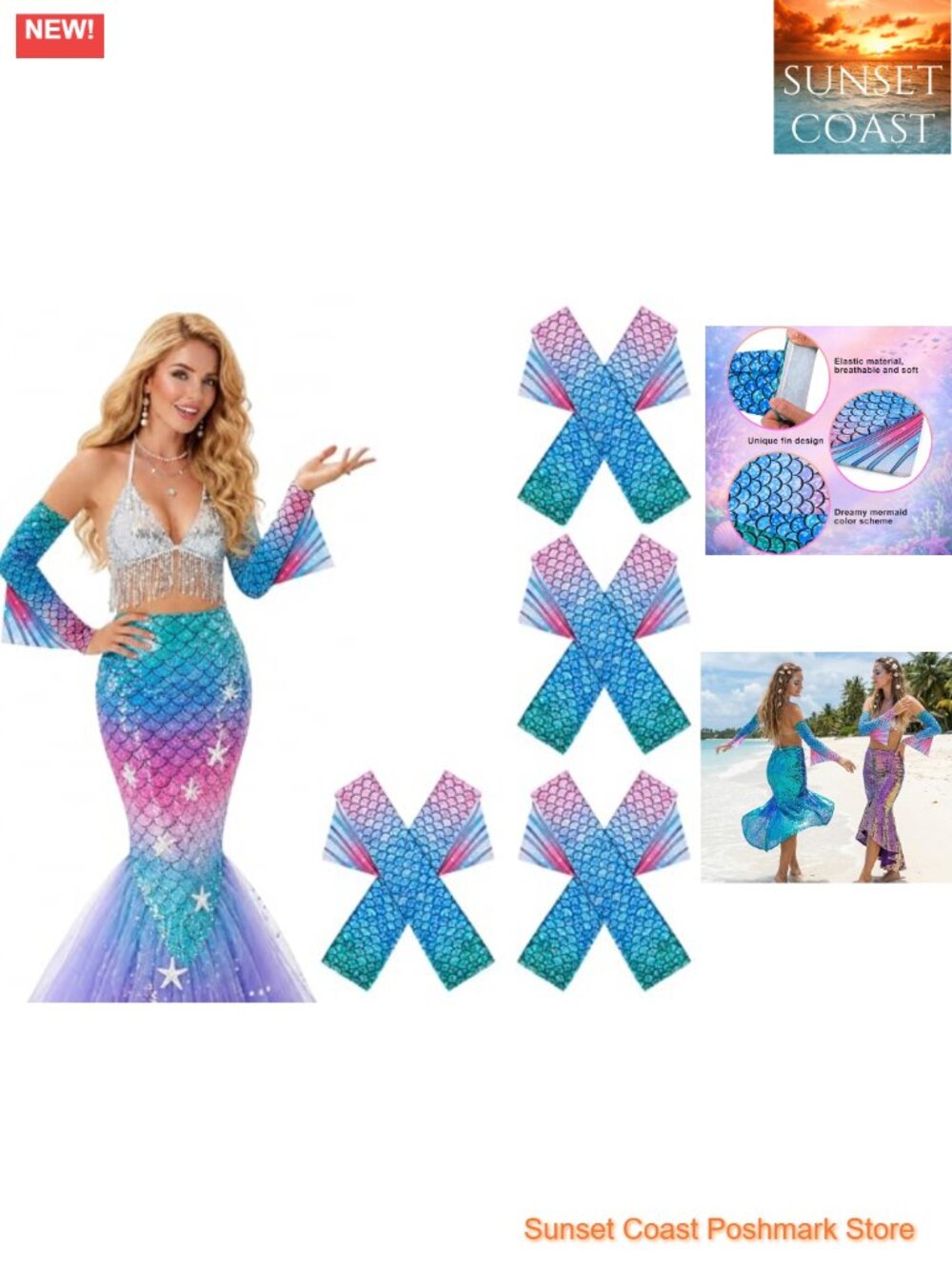 Mermaid Arm Sleeves Fish Scale Fingerless Gloves with Fins Cosplay Gloves